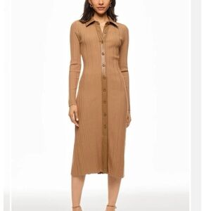 TOCCIN Camel Colored Long Sleeve Button-Down Dress.